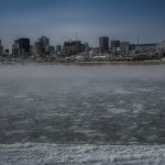 Montreal skyline with rising steam fog